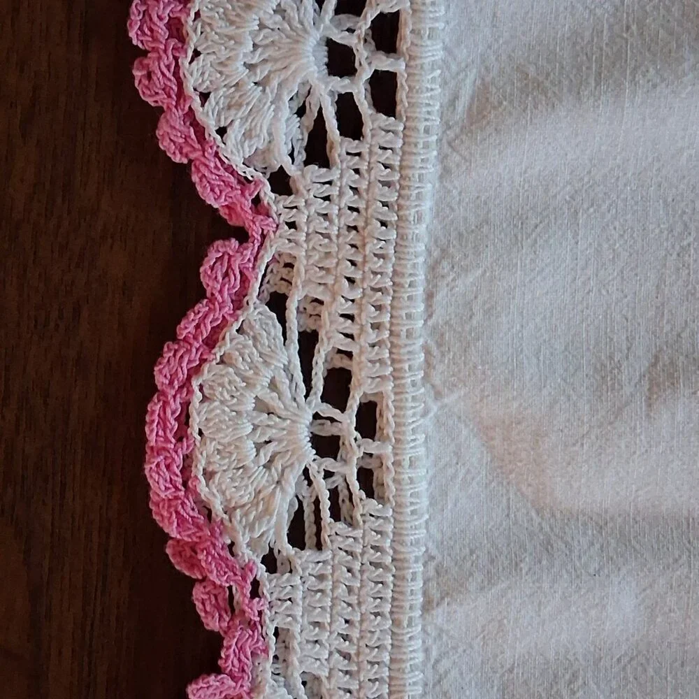 Vintage 1950s Hand Embroidered Easter Basket Tablecloth 72x53 w/ Crochet Trim